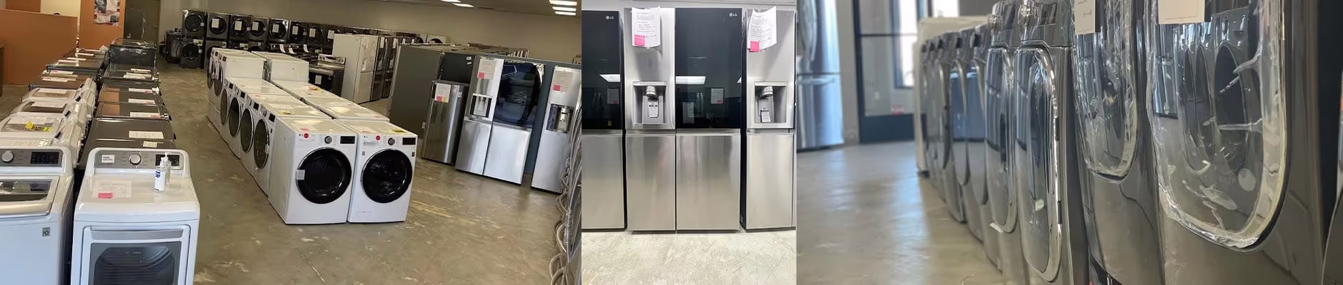 A strip of photos of washers, dryers and refrigerators